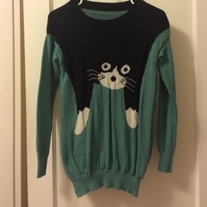 Teal, Black, and White Cat Sweater