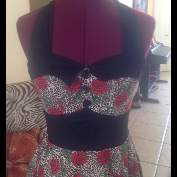 Leopard Rose Floral Pinup Halter Dress Hell Bunny