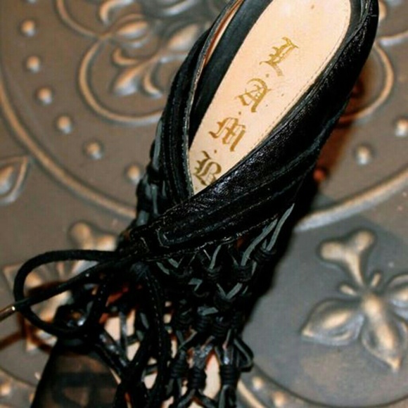 L.A.M.B black woven heels
