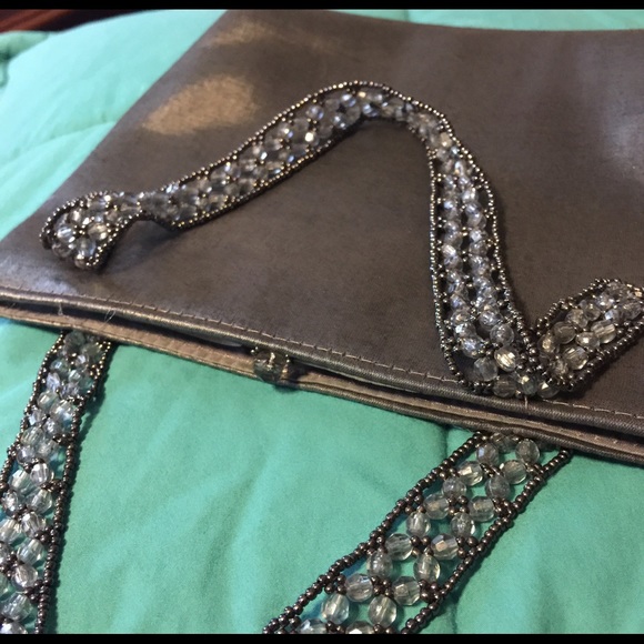 Platinum Gray Silky Purse with Beaded Handles