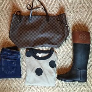 J.Crew tan and grey polka dot sweater