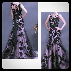 Formal mermaid style long black lace mesh overlay