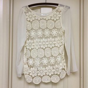 Sheer long sleeve cream/white lace blouse top M