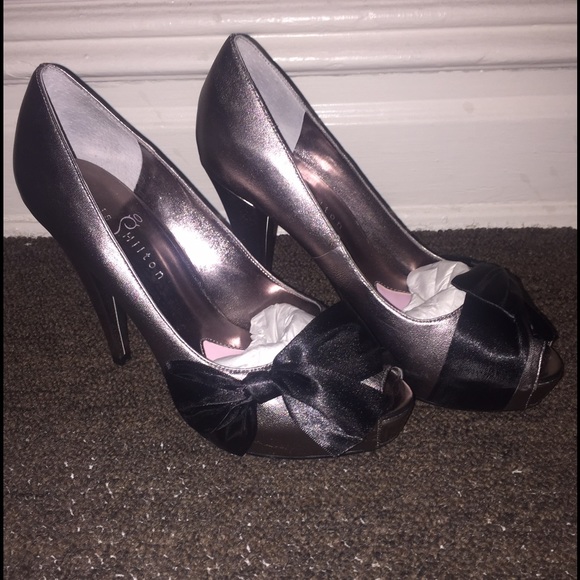 Pewter w/Black Satin Bow Open-toe Heels