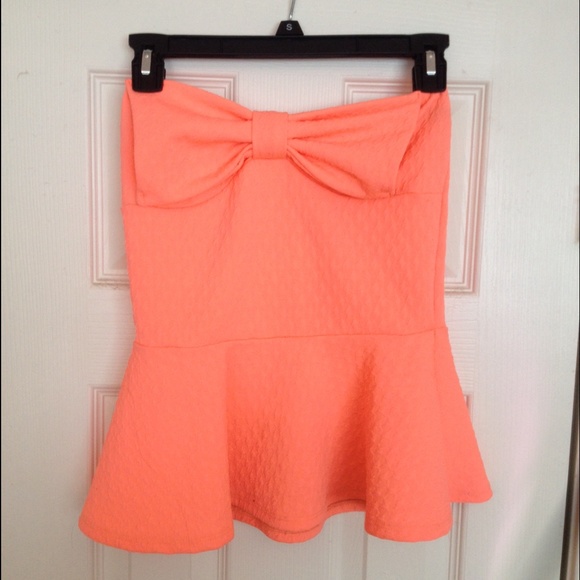 Neon coral strapless peplum top
