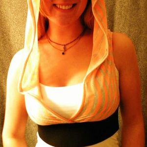 Coral & gray knit crop top hoodie