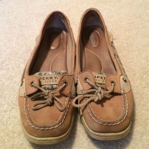 Tan Sperrys with cheetah print side design