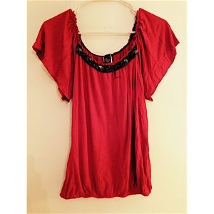 Red dress shirt with black beads on neckline