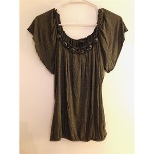 Grey dress shirt with black beads on neckline