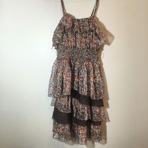 Brown with Orange and Navy ruffle dress.
