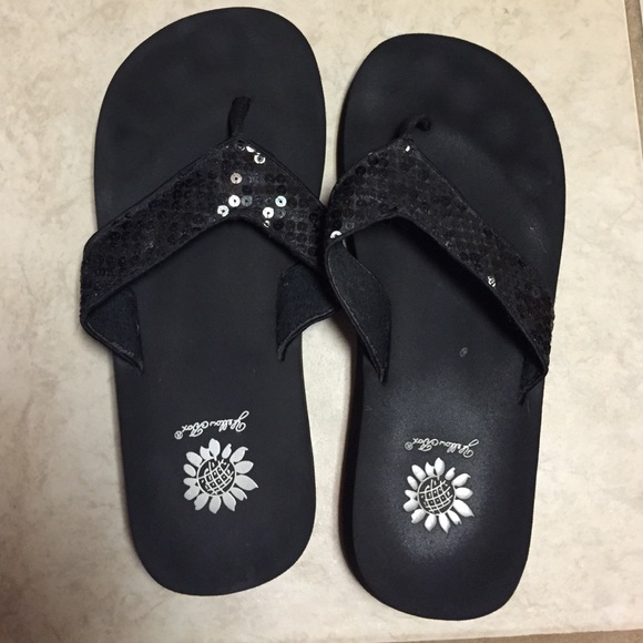Black sequin flip flops