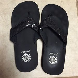 Black sequin flip flops