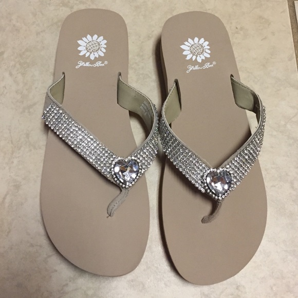 Tan and white rhinestone dressy flip flops