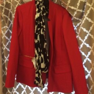 Chico's red blazer with white and black scarf