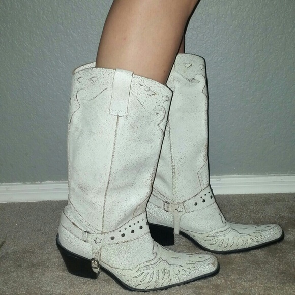 Cream distressed leather cowboy boots