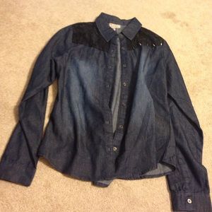 Dark denim jacket with spike shoulders and lace