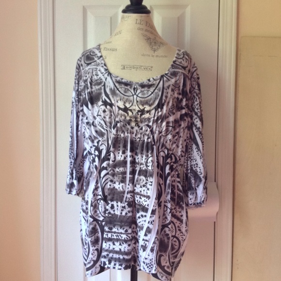 One World embellished black & white print top