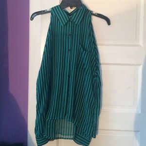 blue and black stripped sleeveless shirt
