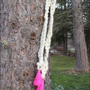 Crocheted Wool Scarf w/ Hot Pink Tassels