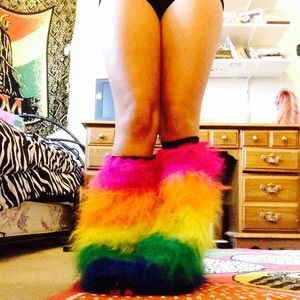 Rainbow fuzzy leg warmers