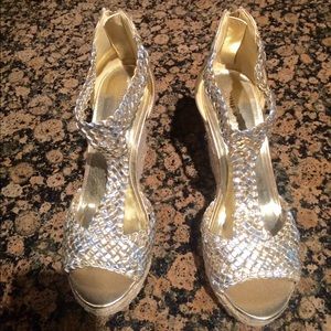 Braided gold and silver wedge heels