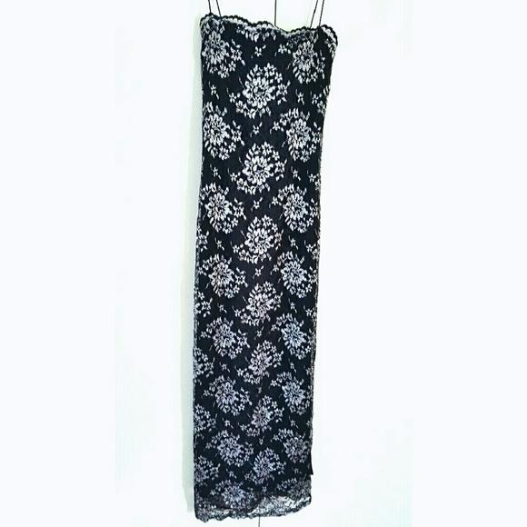 Vintage 90s Black and Silver Lace Slip Dress