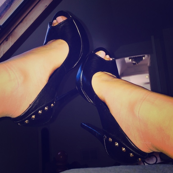 black leather & gold pair of highheels from spring