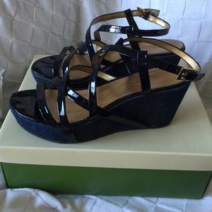 Blue patent leather Kate spade wedges