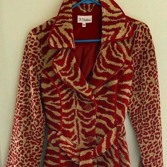 3 Sisters Trench-style Coat Red&Gold Zebra/Cheetah