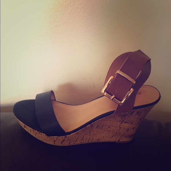 LovOn Black and Chestnut Sandal Wedge Heels