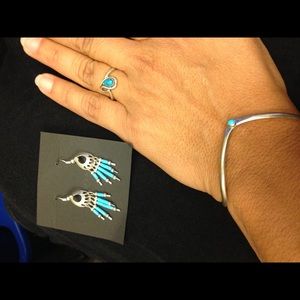 Turquoise earrings, bracelet and ring set.