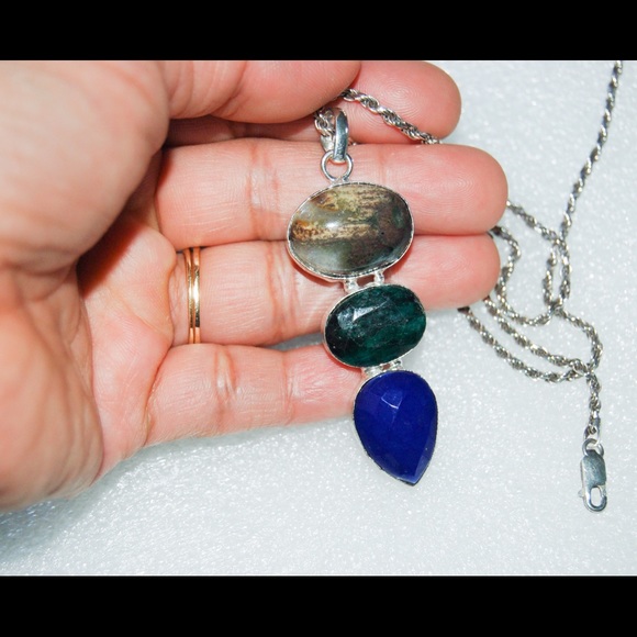 handmade & handcrafted gemstone jewelry Jewelry - Multiple: Jasper,Agate,Blue Onyx Stone Pendant 2"