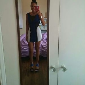 Black,blue and white bodycon dress with mesh sides