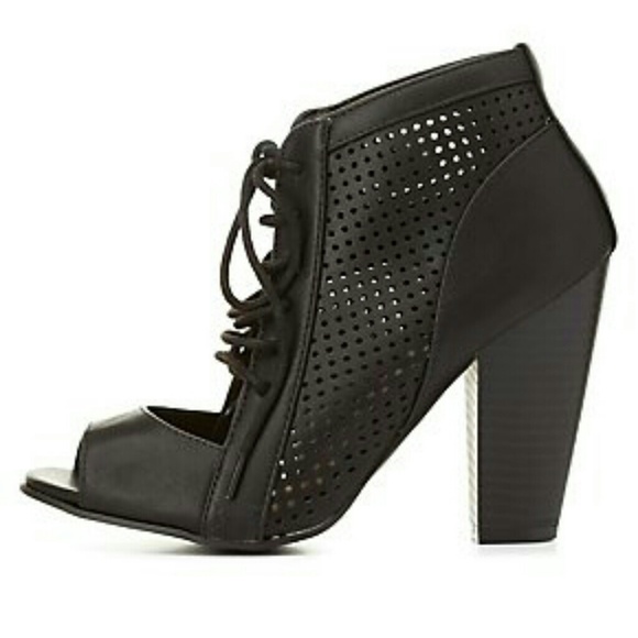 Shoes - Perforated Peep Toe Lace Up Booties