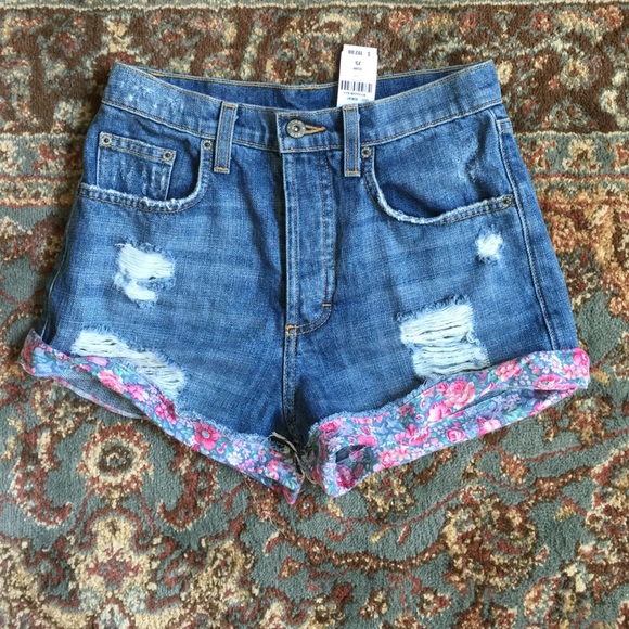 LF distressed floral cuffed denim shorts
