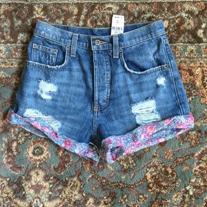 LF distressed floral cuffed denim shorts