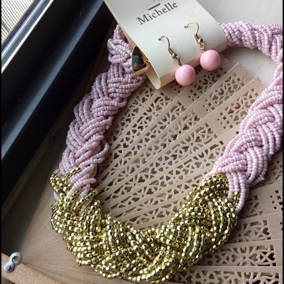 Jewelry - Pink and Gold Braided Necklace Set