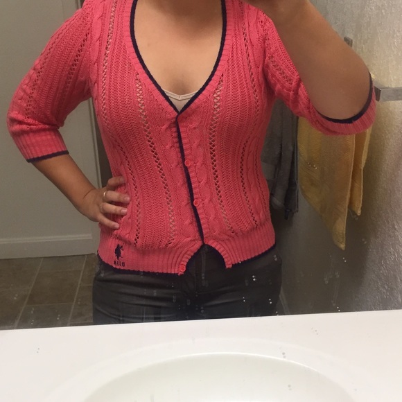 Coral with navy piping US Polo Assn. cardigan