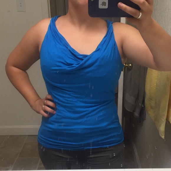 Blue cowl neck sleeveless top
