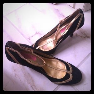 Betsey Johnson suede/leather heels w/ gold detail