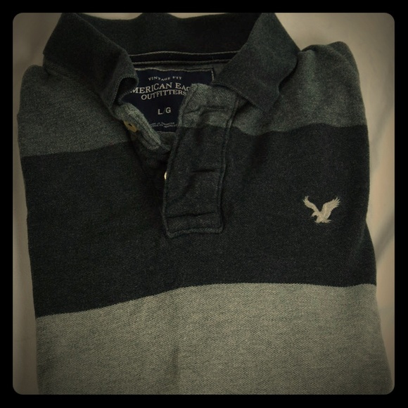 American Eagle Men's Grey Striped Polo Shirt