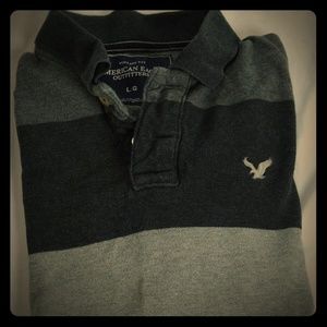 American Eagle Men's Grey Striped Polo Shirt