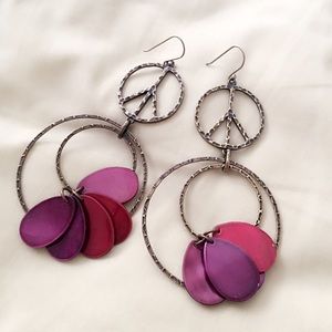 Gold Peace Sign and Fuschia Dangle Earrings