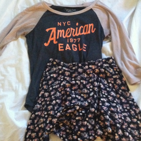 American eagle baseball tee and skater skirt