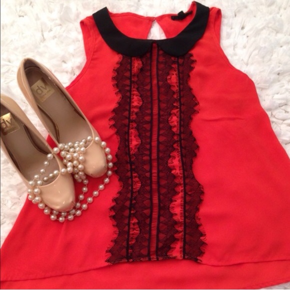 Lace Front  Key Hole-Back Chiffon Blouse - Picture 3 of 4