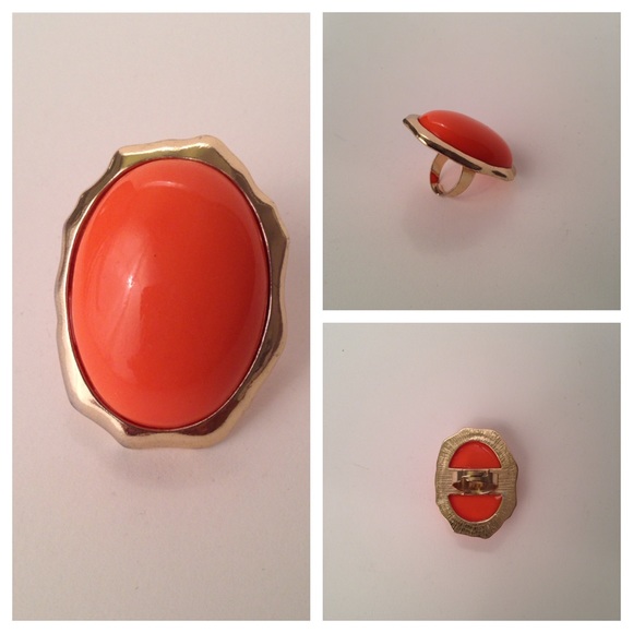 Coral enamel and gold gold plated adjustable ring