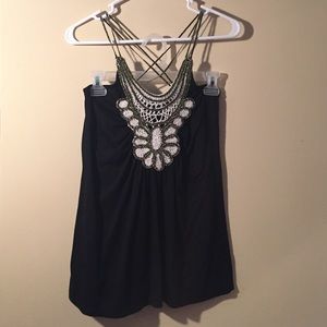 Black strappy racerback tank with crochet detail