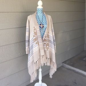 Long khaki grey and beige tassle poncho