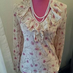 Chaps Ruffled Neck Top with pink flowers
