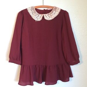 Red wine colored blouse with crocheted collar
